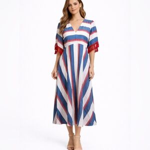 Anthropologie Traffic People Striped Fringe Linen Blend Midi Dress Size Large